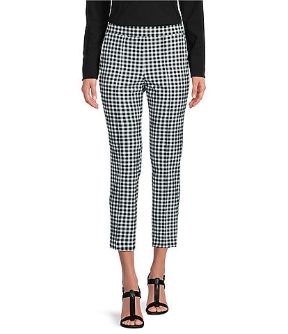 Jude Connally Tobi Gingham Print Jude Cloth Stretch Knit Pull-On Ankle Pants