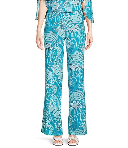 Jude Connally Trixie Jude Cloth Knit Enchanted Sea Aqua Print Wide-Leg Coordinating Pull-On Pants
