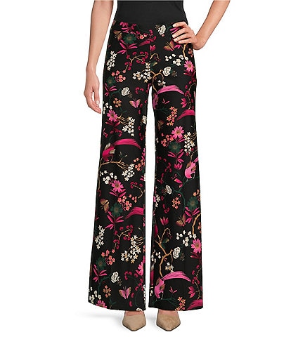 Jude Connally Trixie Jude Cloth Knit Floral Menagerie Print Wide Leg Pull-On Pants