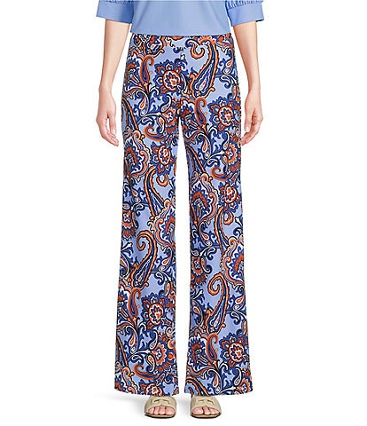 Jude Connally Trixie Jude Cloth Knit Palm Beach Paisley Bluebell Print Wide-Leg Pull-On Pants