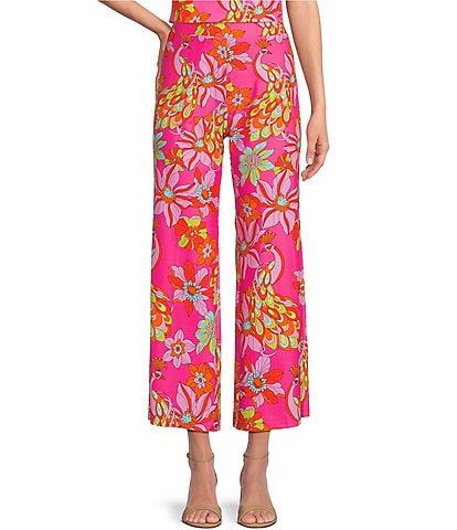 Jude Connally Trixie Twirling Peacock Floral Print Stretch Knit Wide Leg Cropped Coordinating Pull-On Pants