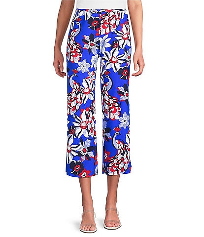Jude Connally Trixie Twirling Peacock Print Stretch Knit Wide Leg Cropped Coordinating Pull-On Pants