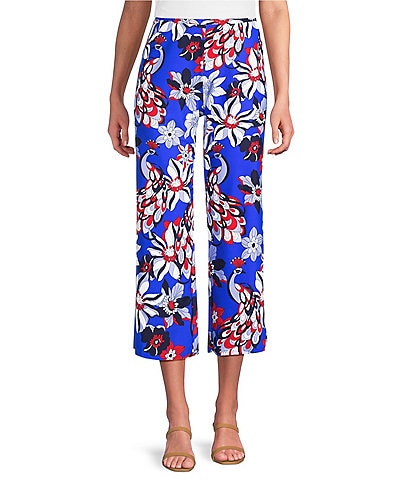 Jude Connally Trixie Twirling Peacock Print Stretch Knit Wide Leg Cropped Coordinating Pull-On Pants