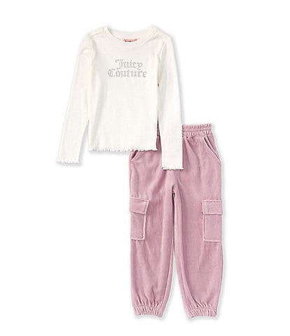 Juicy Couture Little Girls 2T-6X Long Sleeve Logo Knit T-Shirt & Solid Velour Cargo Pant Set