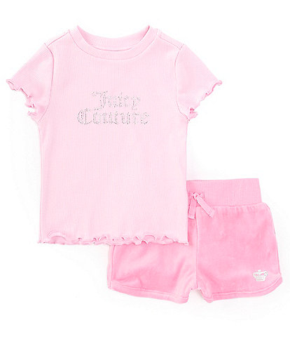 Juicy Couture Little Girls 2T-6X Short Sleeve Rhinestone-Embellished Logo Rib-Knit T-Shirt & Solid Velvet Shorts Set