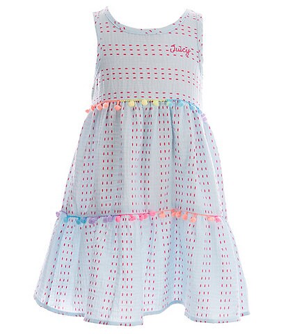 Juicy Couture Little Girls 2T-6X Sleeveless Dotted Stripe Print Pom Trimmed Tiered Dress