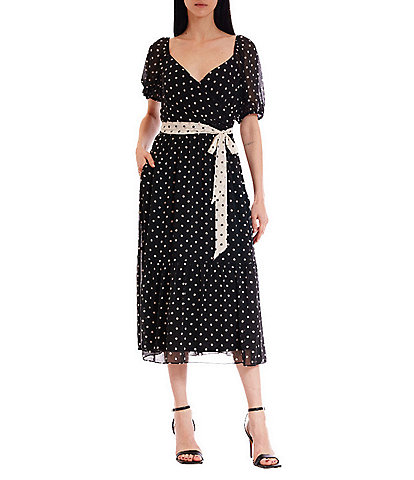 Julia Jordan Chiffon Dotted Print V-Neck Short Puff Sleeve A-Line Midi Dress