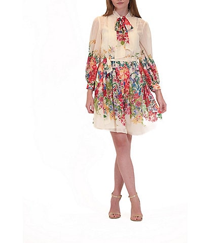 Julia Jordan Chiffon Floral Print Tie Mock Neck 3/4 Sleeve A-Line Dress