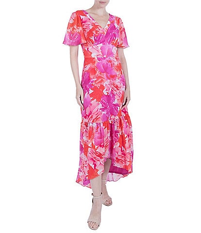 Julia Jordan Chiffon Floral Print V-Neck Short Flutter Sleeve High Low Ruffle Hem Dress