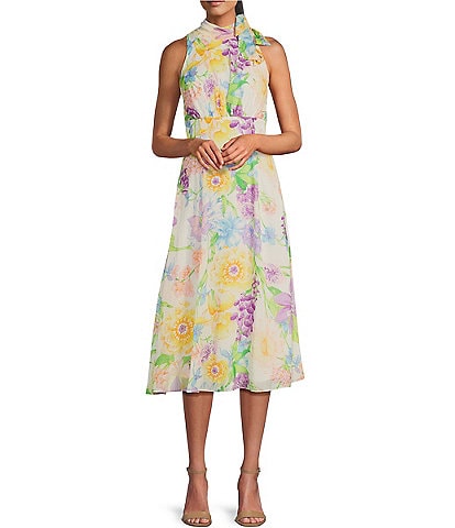 Julia Jordan Chiffon Lurex Floral Print Tie Mock Neck Sleeveless A-Line Midi Dress
