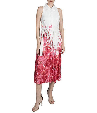 Julia Jordan Double Linen Floral Print Collar Neck Sleeveless Tie Front Midi Dress