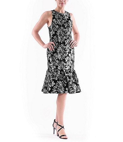 Julia Jordan Floral Metallic Jacquard Scoop Neck Sleeveless Ruffle Hem Midi Sheath Dress