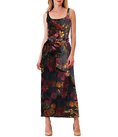 Julia Jordan Floral Mikado Square Neck Self Sash Sheath Dress