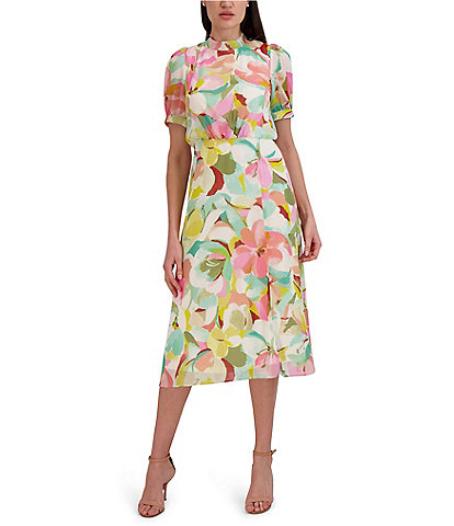 Julia Jordan Floral Print Chiffon Mock Neck Short Sleeve Midi Dress