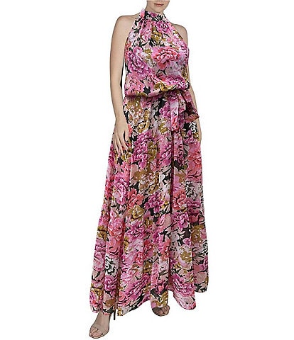 Julia Jordan Floral Print Halter Mock Neck Sleeveless Tie Waist Tiered Maxi Dress