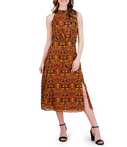Julia Jordan Floral Print Mock Halter Neck Sleeveless Slit Front Midi Dress