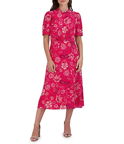 Julia Jordan Floral Print Mock Neck Short Puff Sleeve Midi Dress