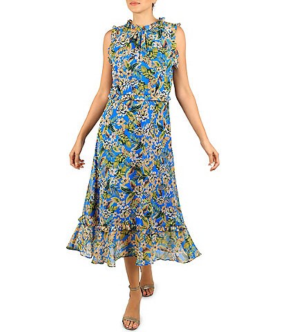 Julia Jordan Floral Print Mock Neck Sleeveless Tiered Ruffled Trim A-Line Midi Dress