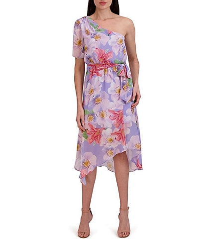 Julia Jordan Floral Print One Shoulder Short Sleeve Tie Waits Asymmetrical Hem Midi Dress
