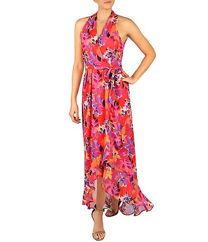 Julia Jordan Floral Print Ruffle Front Surplice V-Neck Sleeveless Faux Wrap Maxi Dress