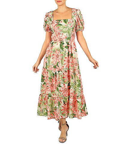 Julia Jordan Floral Square Neckline Short Puff Sleeve Maxi Dress