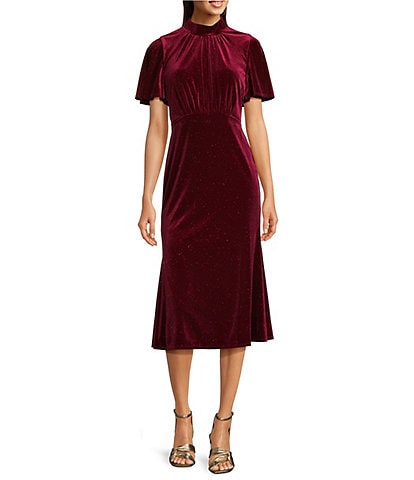 Julia Jordan Glitter Velvet Mock Neck Short Flutter Sleeves Pleated Front Midi Sheath Dress