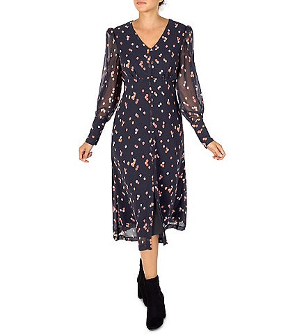 Julia Jordan Illusion Long Sleeve Dotted Chiffon Button Front Dress