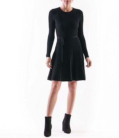 Julia Jordan Knit Crew Neck Long Sleeve Tie Waist Mini Dress