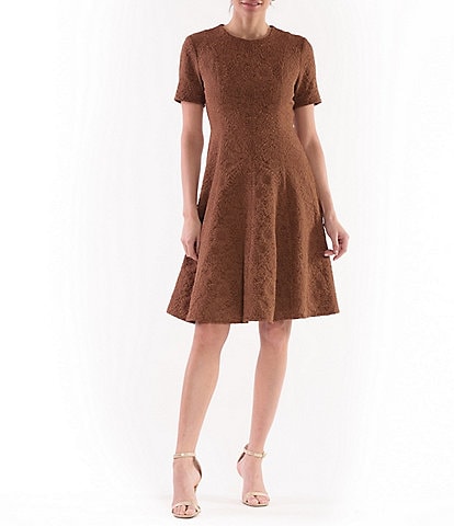 Julia Jordan Knit Jacquard Crew Neck Short Sleeve A-Line Dress