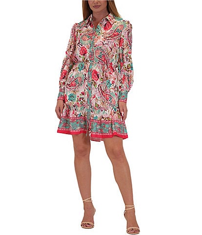 Julia Jordan Long Sleeve Paisley Print Faux Linen Shirtdress