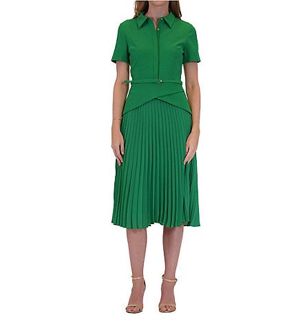 Julia Jordan Mix Media Point Collar Neck Short Sleeve Pleated Belted A-Line Midi Dress