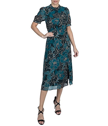 Julia Jordan Collar Neck Puff Sleeve Floral Print Midi Dress