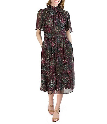Julia Jordan Floral Print Mock Neck Short Sleeve Cinched Waist Pocketed Midi Dress
