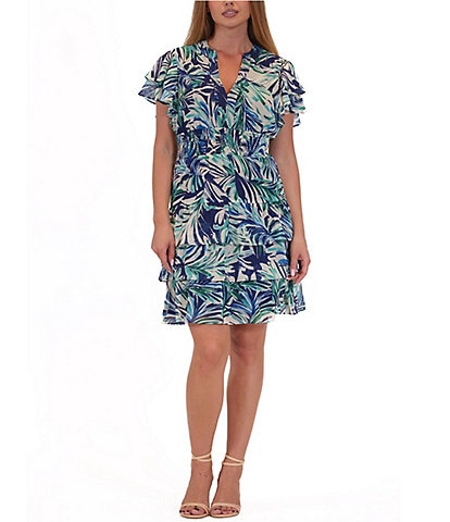 Julia Jordan Split-V Neck Printed Chiffon Tiered Shift Dress