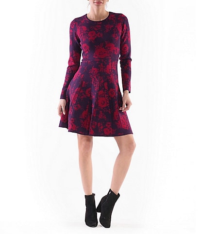 Julia Jordan Sweater Knit Floral Print Round Neck Long Sleeve Mini Dress