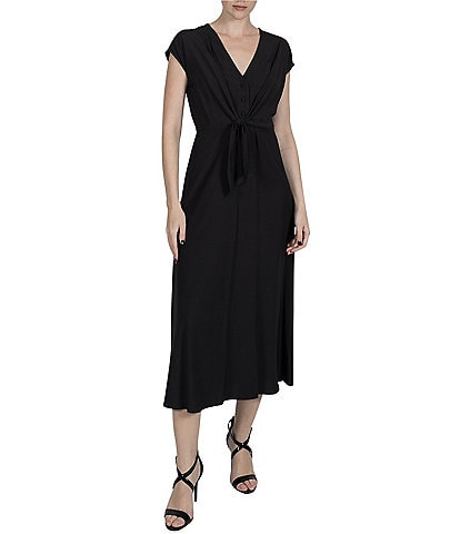 Julia Jordan V-Neck Short Sleeve Button Tie Front Midi Dress