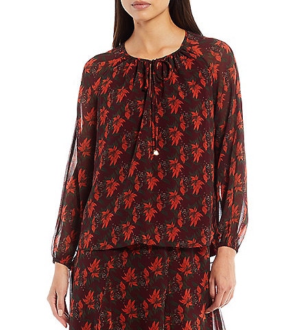 Julie Brown Nyda Floral Print Sheer Long Balloon Sleeve Tie Detail Round Neck Coordinating Blouse