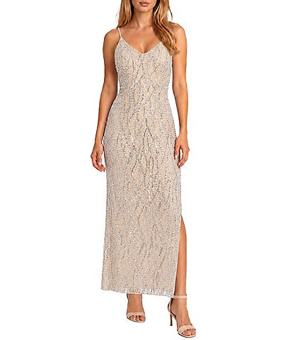 Jump Beaded Sequin Spaghetti Strap V-Neck Tulle Tie Back Gown