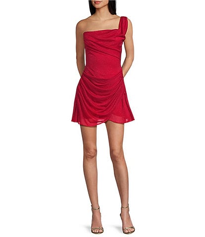 Jump Glitter Mesh One Shoulder Shirred Mini Dress