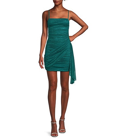 Jump Glitter Square Neck Spaghetti Strap Ruched Dress