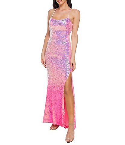 Jump Ombre Sequin Scoop Neck Lace Up Back Side Slit Slim Gown