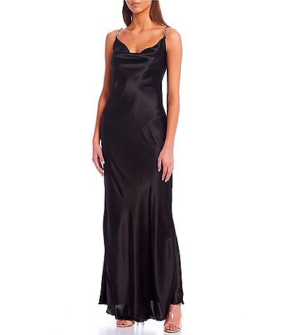 Jump Rhinestone Trim Drape Neck Long Dress