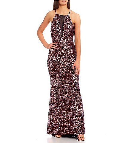 Jump Sleeveless High-Neck Tie-Back Illusion Mesh Sequin Long Gown
