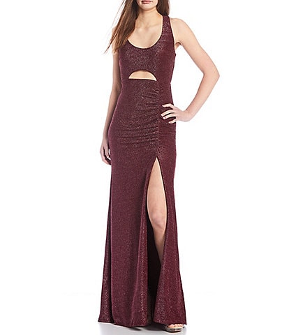 Jump Sleeveless Scoop Neck Cut-Out-Detail Metallic Glitter Knit Ruched Long Gown