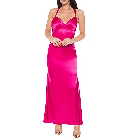 Jump V-Neck Charmeuse Bias Gown Tie Back Dress