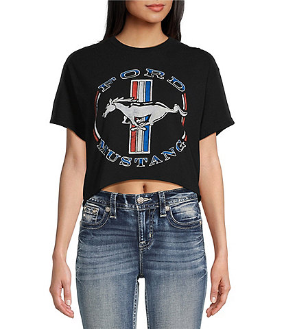 Junk Food Ford Mustang Stripe Cropped Raw Edge T-Shirt