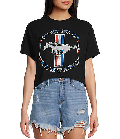 Junk Food Ford Mustang Stripe Cropped Raw Edge T-Shirt