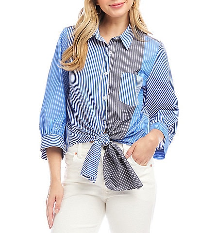 Karen Kane 3/4 Blouson Sleeve Mixed Stripe Tie-Front Top