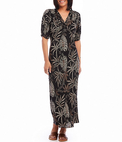 Karen Kane Bias Dotted Leaf Print V-Neck Short Puff Sleeves Maxi Dress