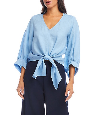 Karen Kane Blouson Sleeve Linen Tie-Front Top